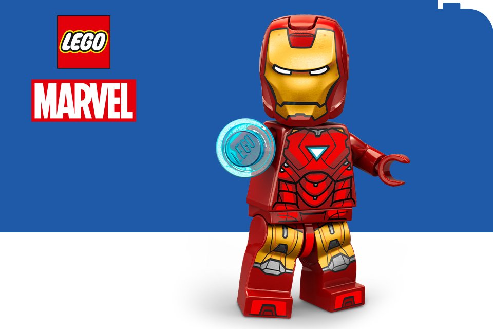 LEGO® Marvel Iron Man minifigure on a blue and white background with the LEGO® and Marvel logos.