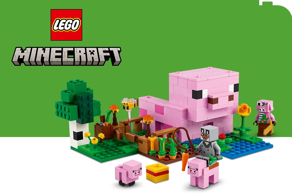 LEGO® Minecraft Baby Pig House on a green and white background with the LEGO® and Minecraft logos.