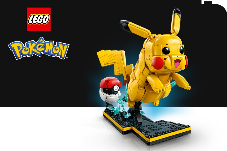 LEGO® Pikachu on a black and white background with the LEGO® and Pokémon logos.