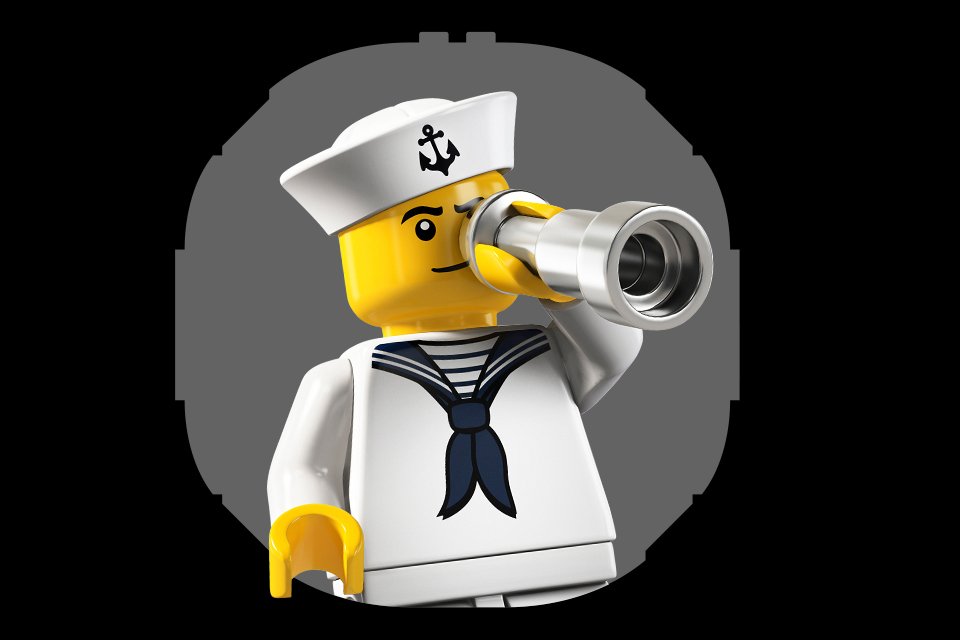 LEGO® sailor minifigure looking through a spyglass on a black and grey background.