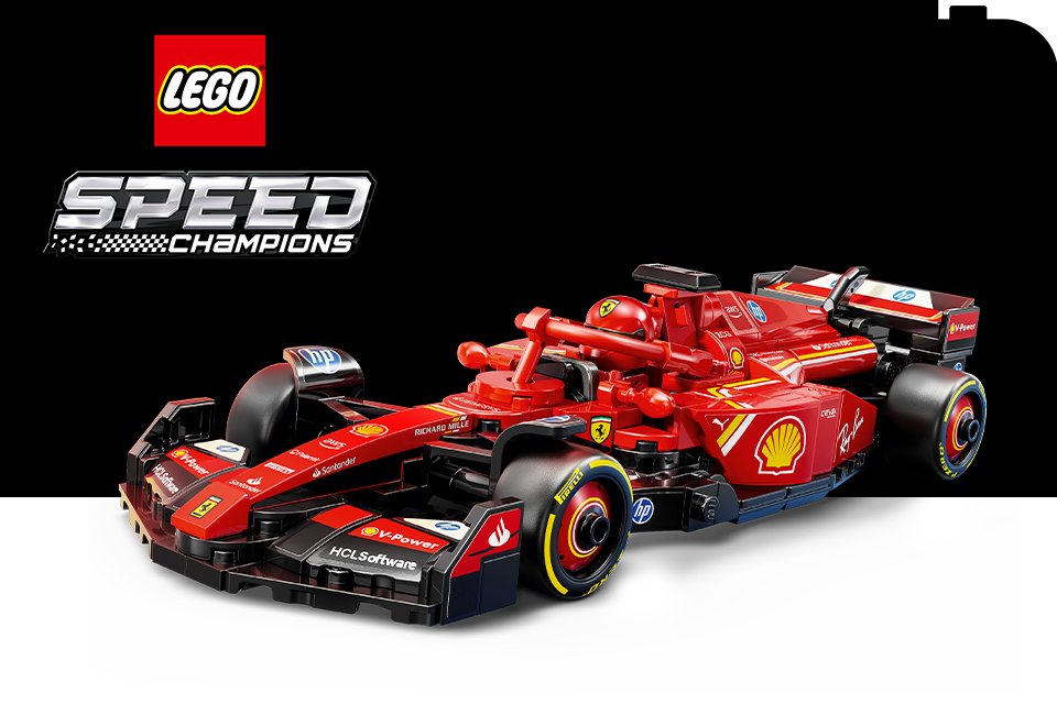 LEGO® Speed Champions Ferrari F1 car on a black and white background with the LEGO® and Speed Champions logos.