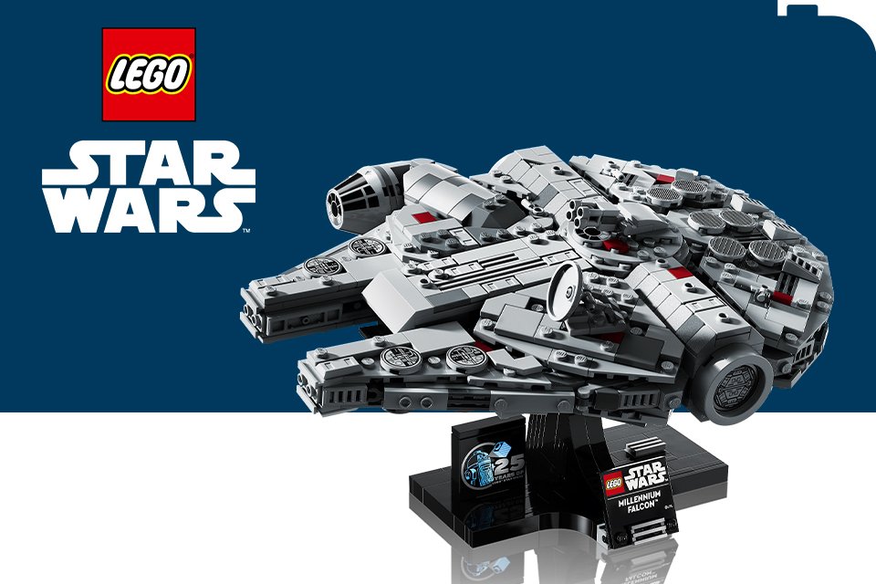 LEGO® Millenium Falcon on a navy and white background with the LEGO® and Star Wars logos.