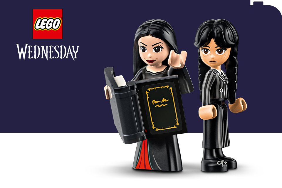 LEGO® Wednesday minifigures on a dark purple and white background with the LEGO® and Wednesday logos.