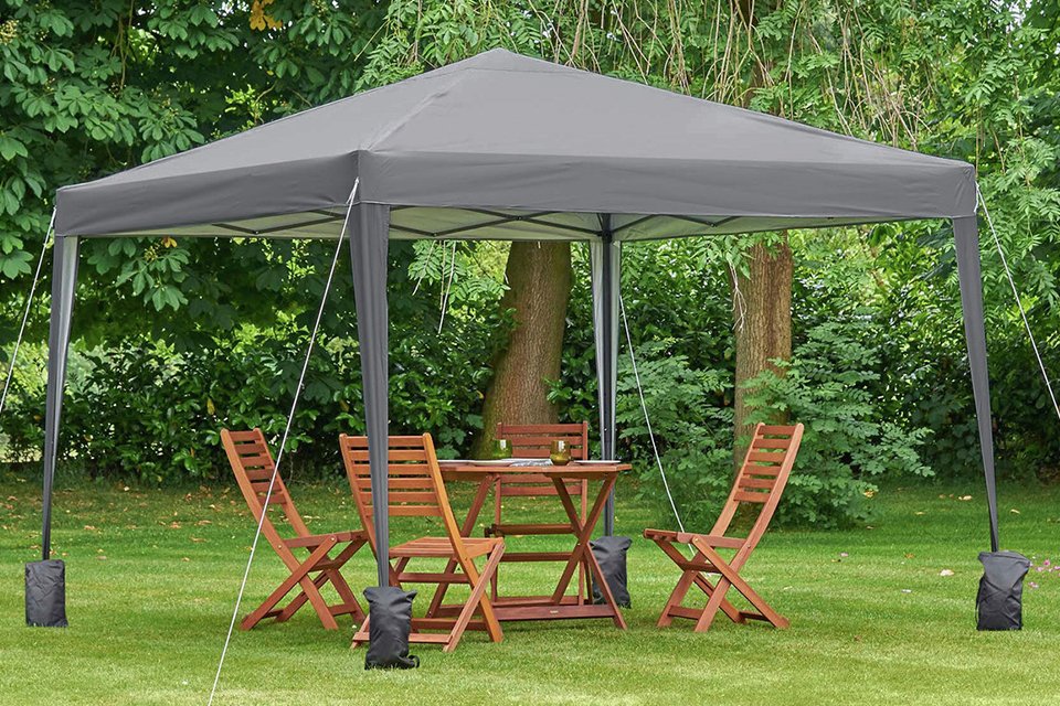 A grey VonHaus pop-up garden gazebo placed outdoors.