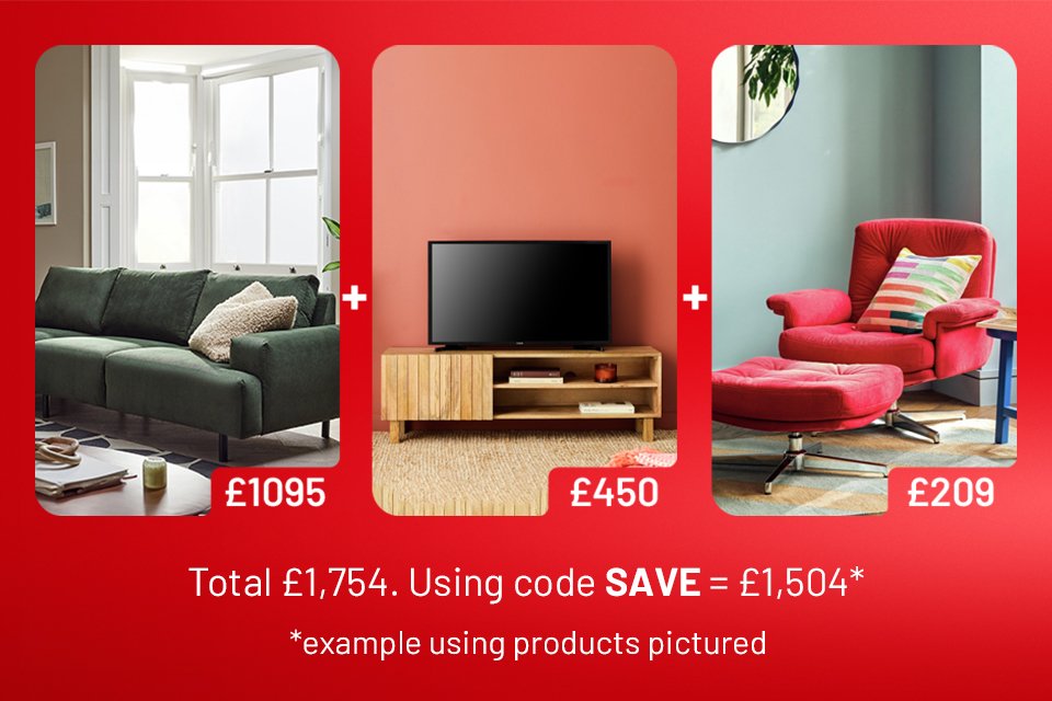 Spend and save on selected living room furniture. Save £25 on £200 | Save £60 on £400 | Save £125 on £600 | Save £250 on £1000. Use code SAVE.
