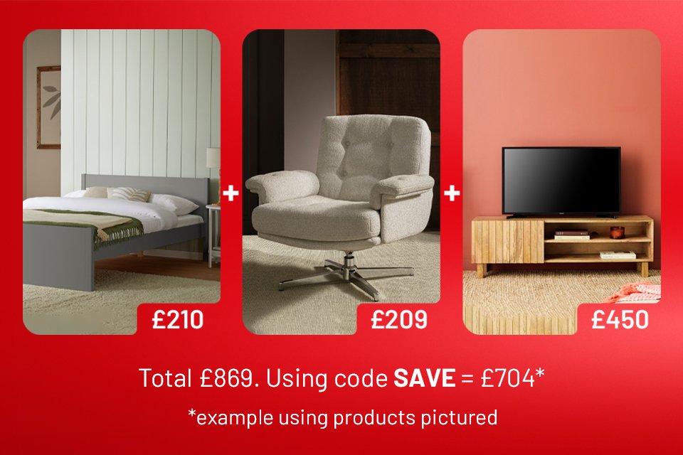 Spend and save on selected indoor furniture. Save £25 on £200 / Save £60 on £400 / Save £125 on £600 / Save £250 on £1000. Use code SAVE.