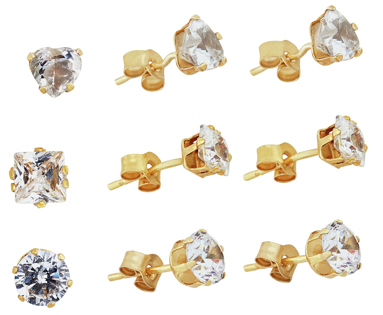 Revere 9ct Gold Plated Silver CZ Set of 3 Stud Earrings