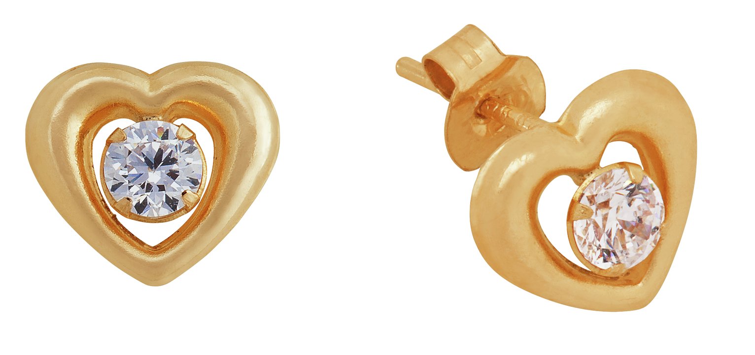 Revere 9ct Yellow Gold Cubic Zirconia Heart Stud Earrings