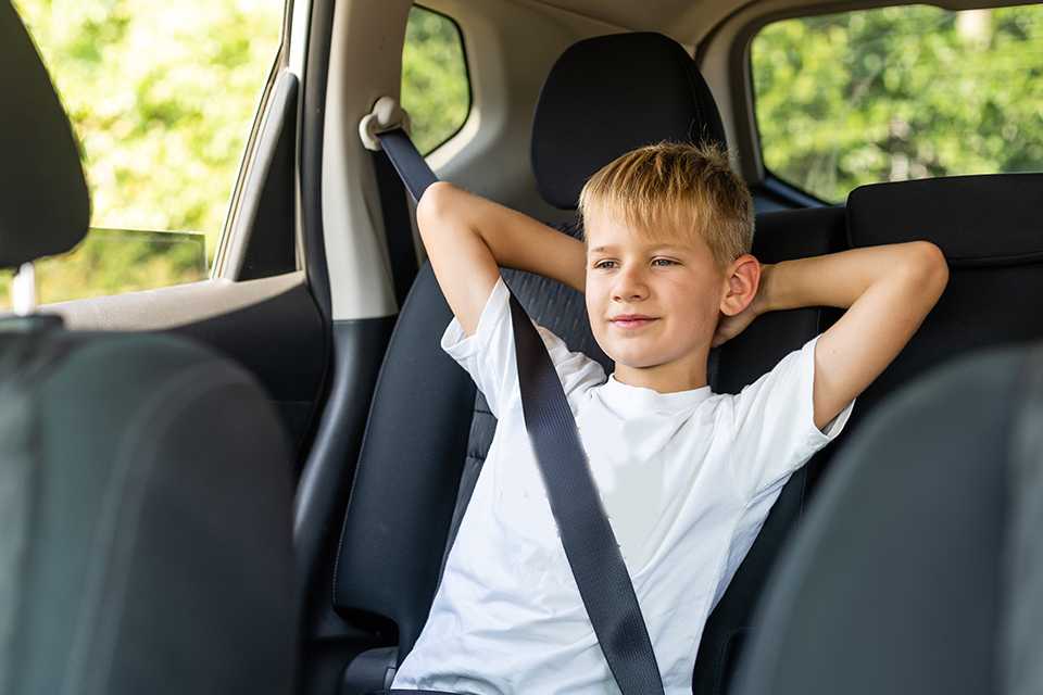 A young boy in the car.