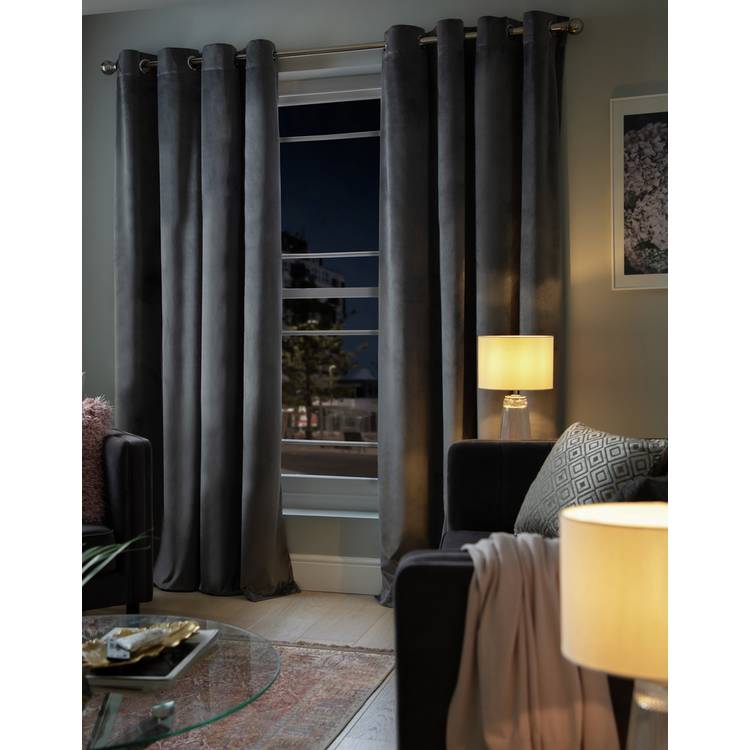 Habitat Plain Matt Velvet Eyelet Curtains - Grey 0