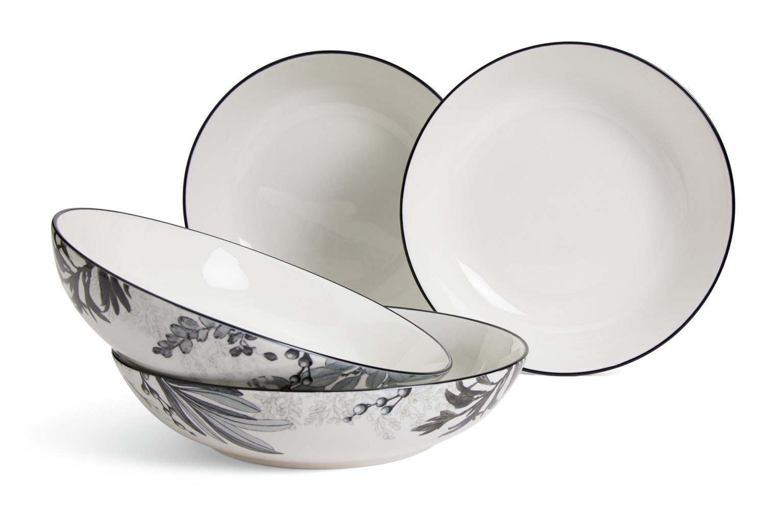 Habitat Monochrome 4 Piece Fine China Pasta Bowl - Grey