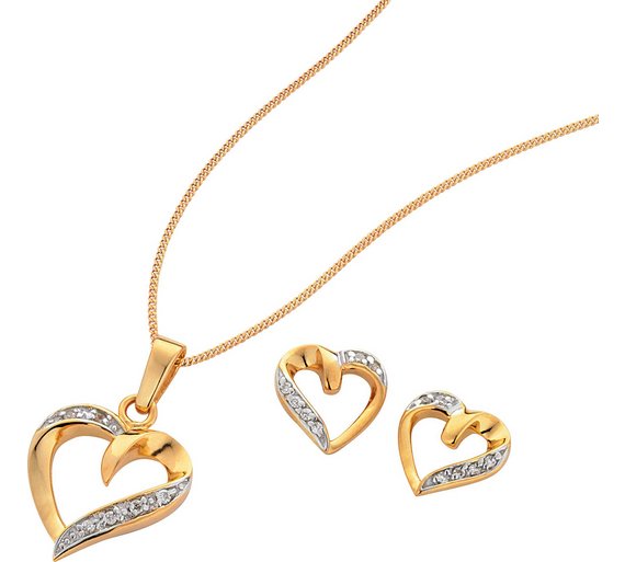 Buy 9ct Gold Plated Silver CZ Heart Pendant and Earrings Set at Argos ...