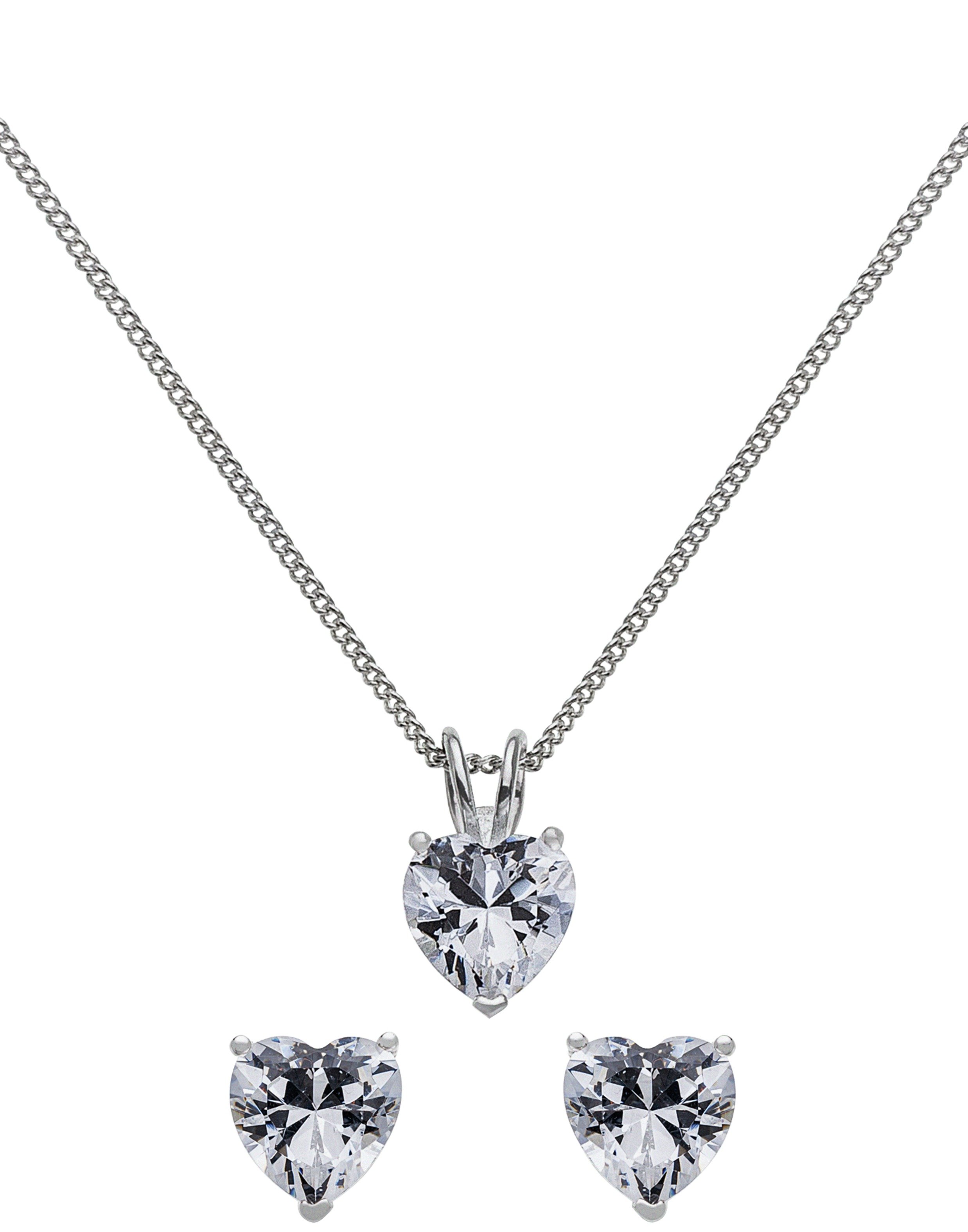 Revere Silver Cubic Zirconia Heart Pendant and Earring Set