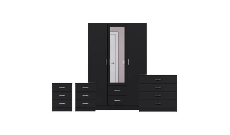 Vida Designs Riano Bedroom Set (Bedsides, 4 Drawer Chest, Mirror Wardrobe)-Black