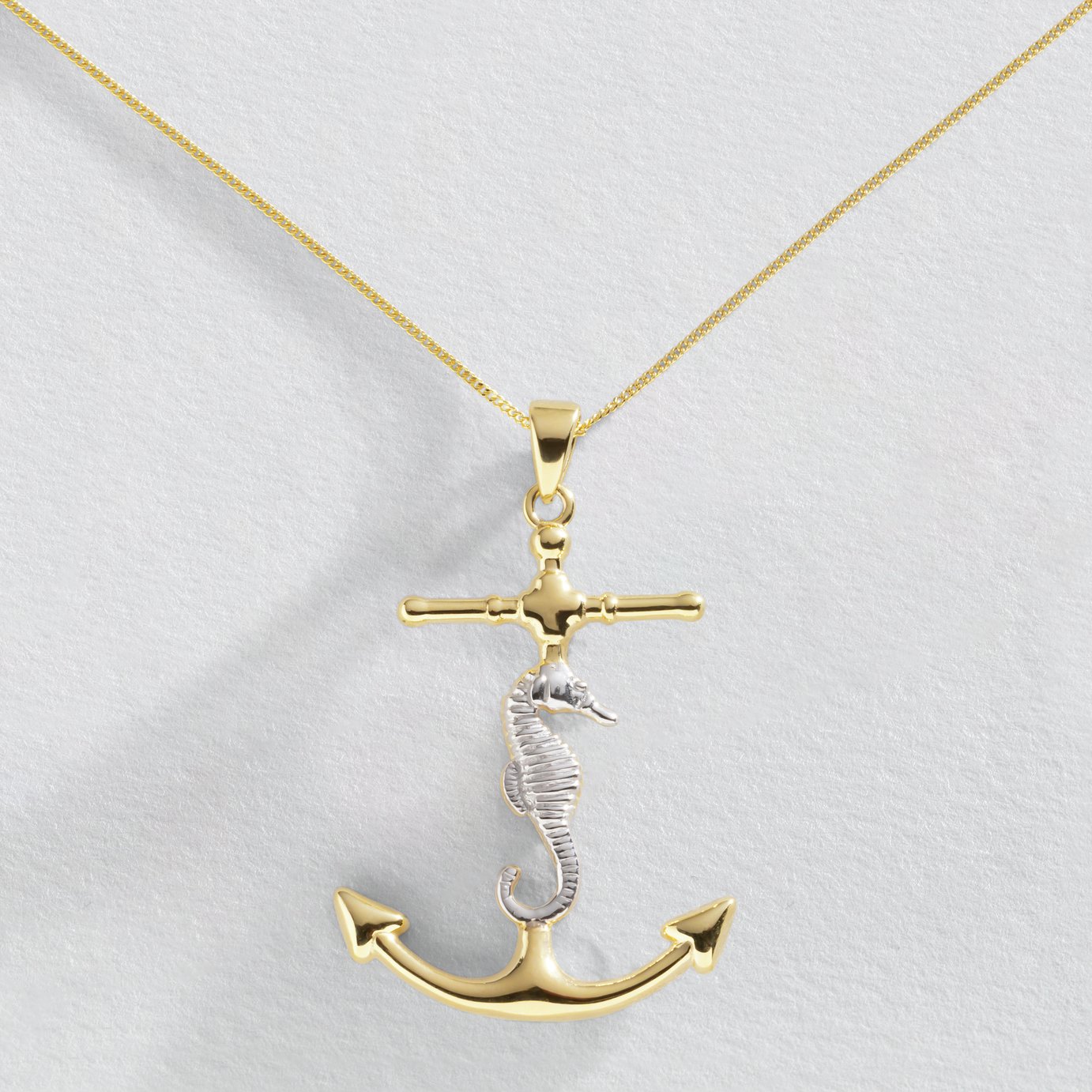 Revere 9ct Multicolour Gold Seahorse Anchor Pendant Necklace