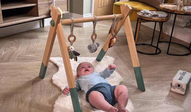 Foldable Wooden Baby Gym with 6 Toys - Natural Color UK