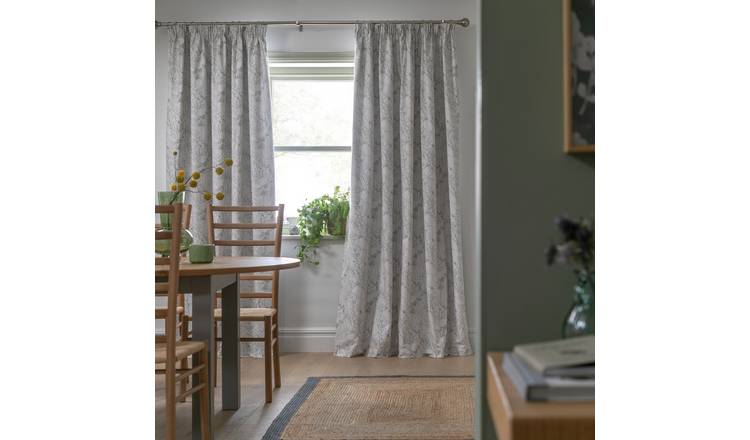 Habitat Floral Blackout Pencil Pleat Curtains -Green & White