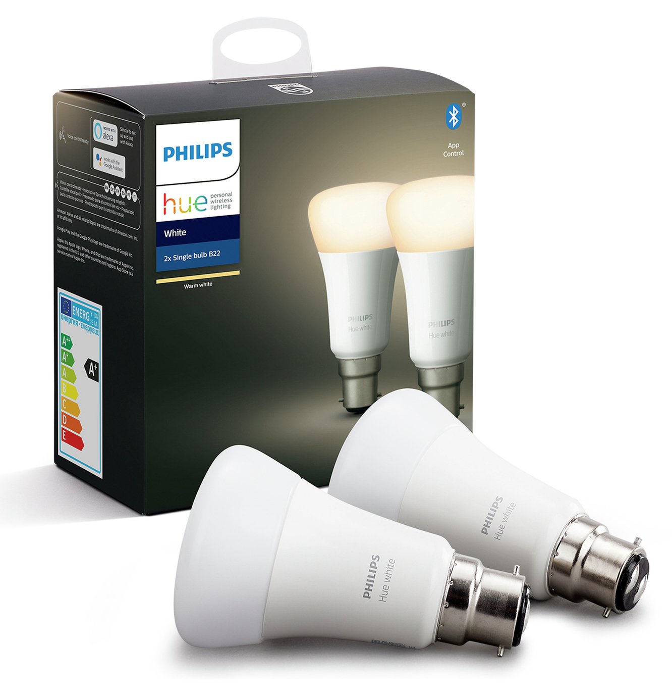 Philips Hue B22 White Smart Bulb with Bluetooth - 2 Pack