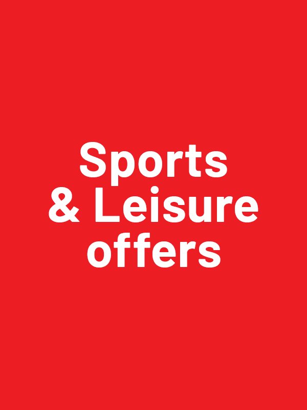 Sports and leisure offers. Includes weights, exercise machines and more.