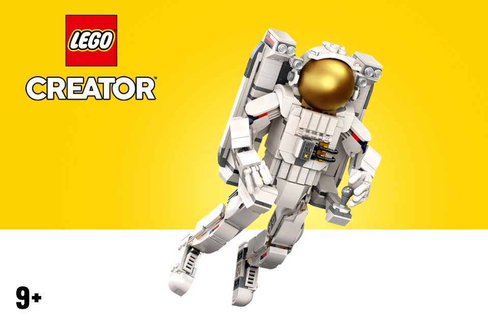 LEGO® Creator Astronaut set on a yellow background.