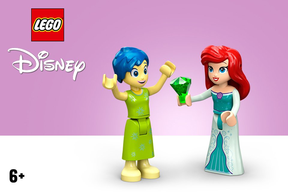 Two LEGO® Disney Princess mini-dolls on a pink background.
