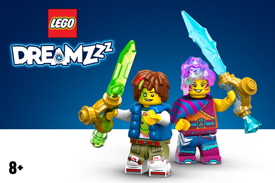 Two LEGO® DREAMZzz minifigures on a dark blue background.