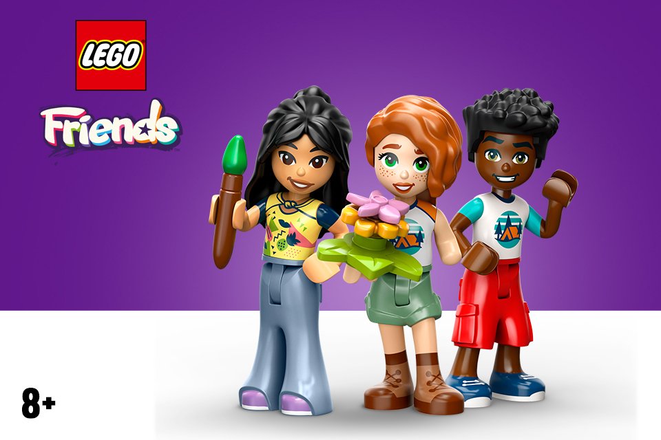 Three LEGO® Friends mini-dolls on a purple background.