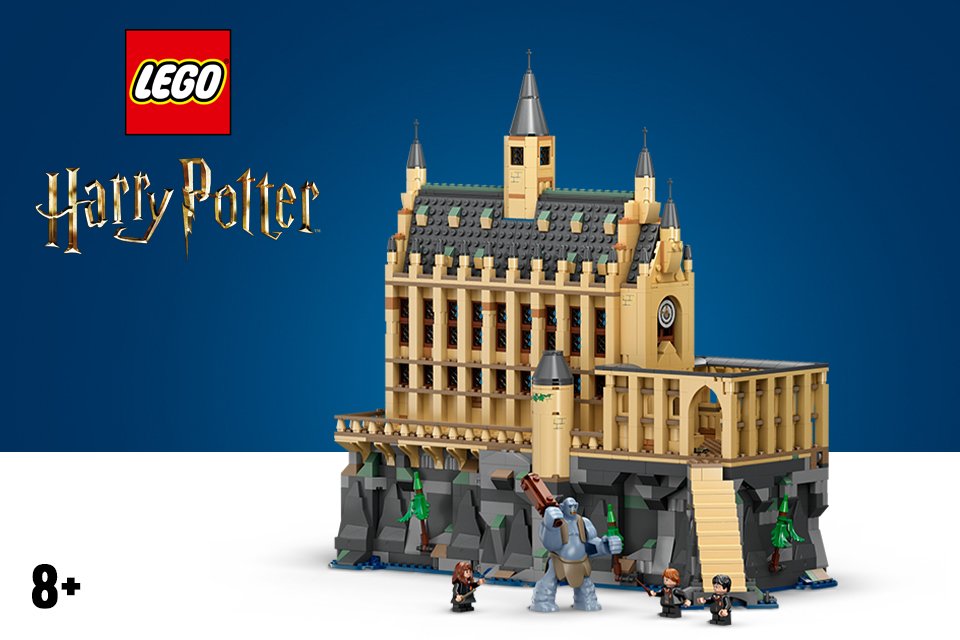 LEGO® Harry Potter Hogwarts castle set on a dark blue background.