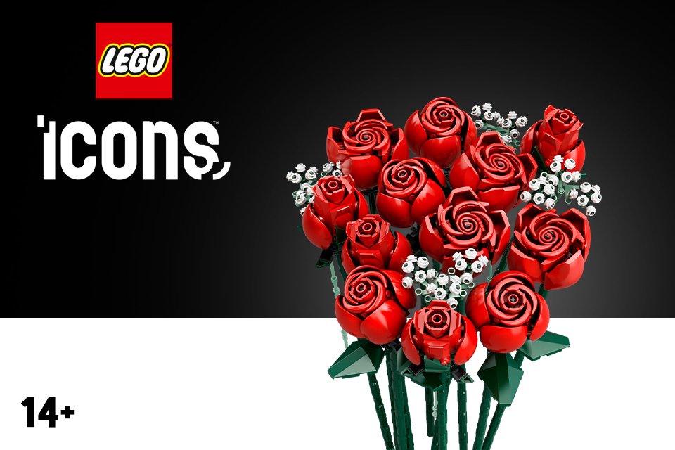 LEGO® Icons Bouquet of Roses set on a black background.