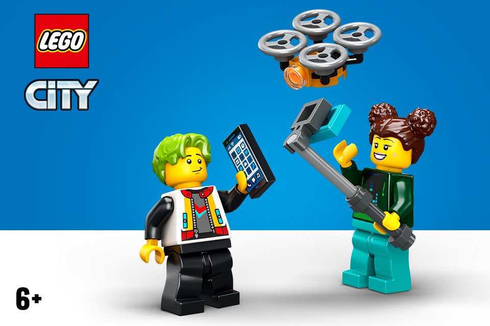 Two LEGO® CIty minifigures on a blue background.