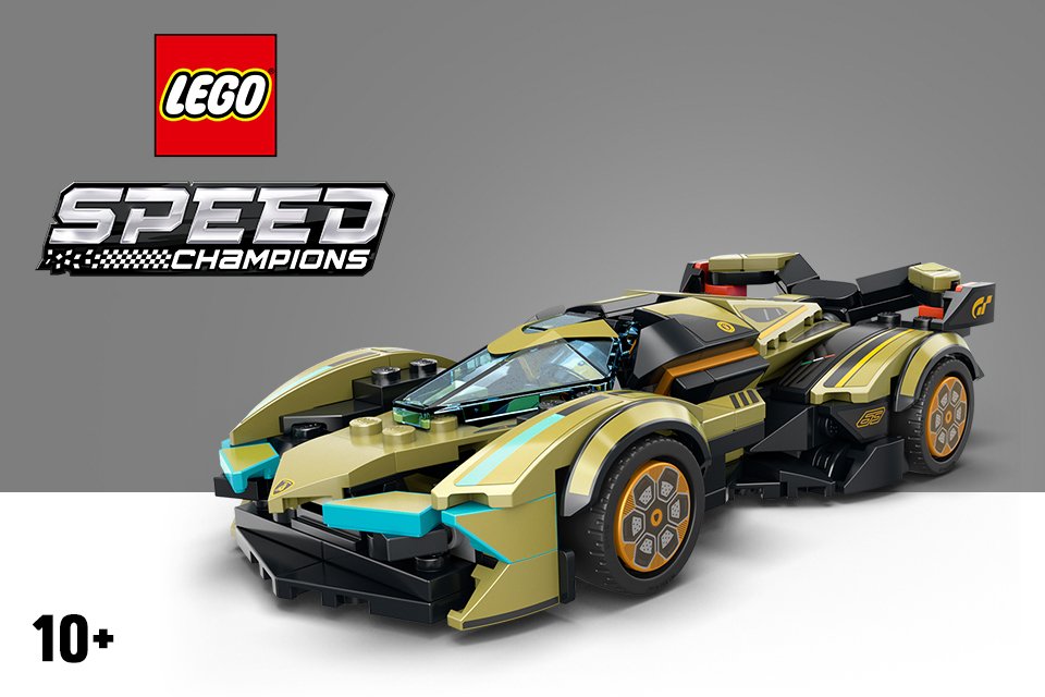 LEGO® Speed Champions Lamborghini V12 Vision Super car set on a grey background.