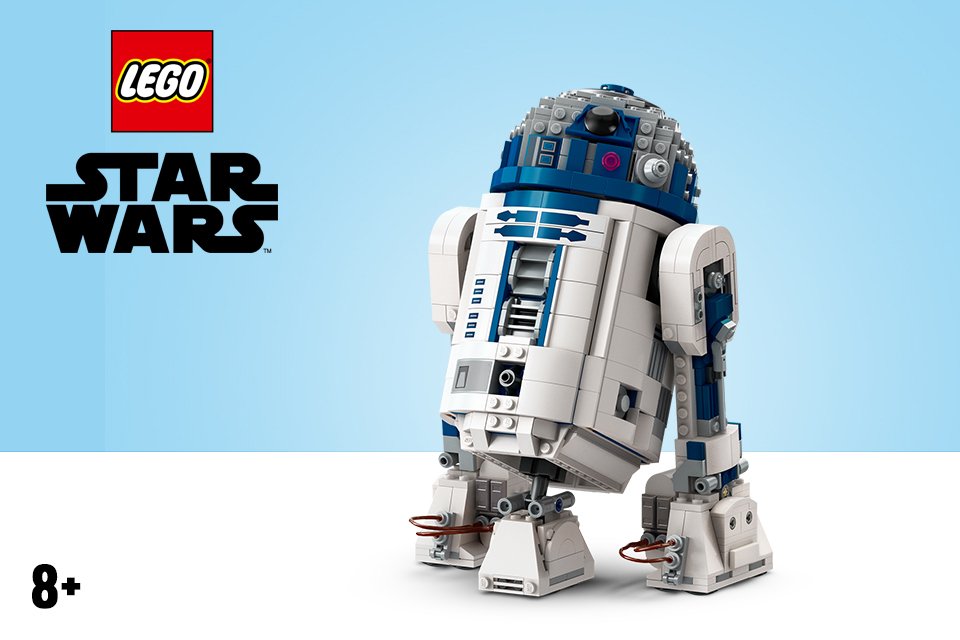 LEGO® Star Wars R2D2 set on a sky blue background.