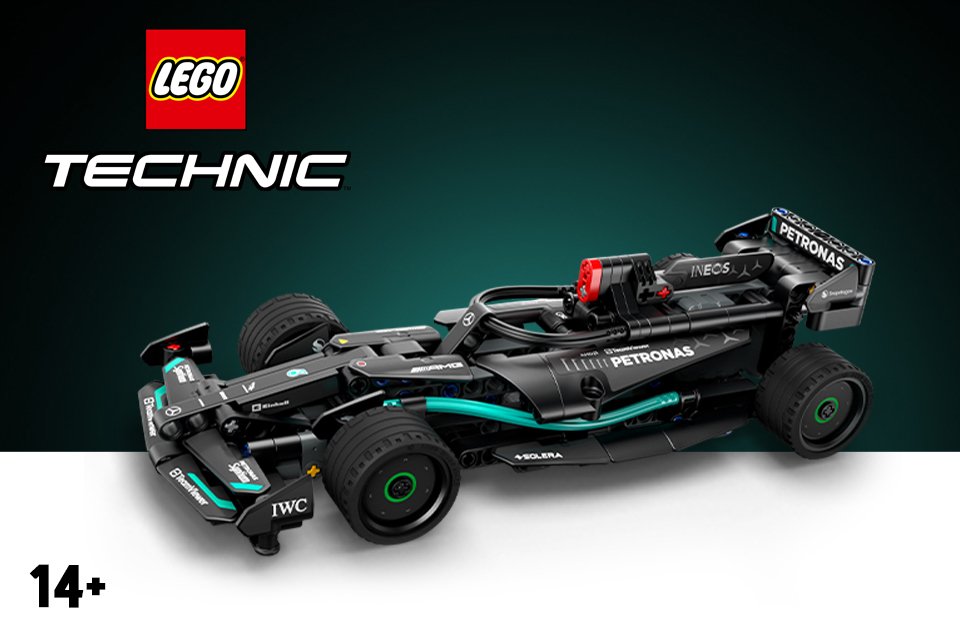LEGO® Technic Mercedes-AMG F1 car on a teal background.