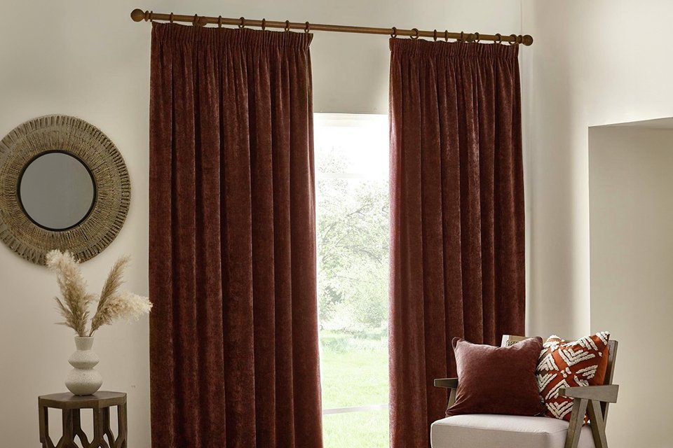 Yard Chenille Pencil Pleat Curtains in nutmeg colour.
