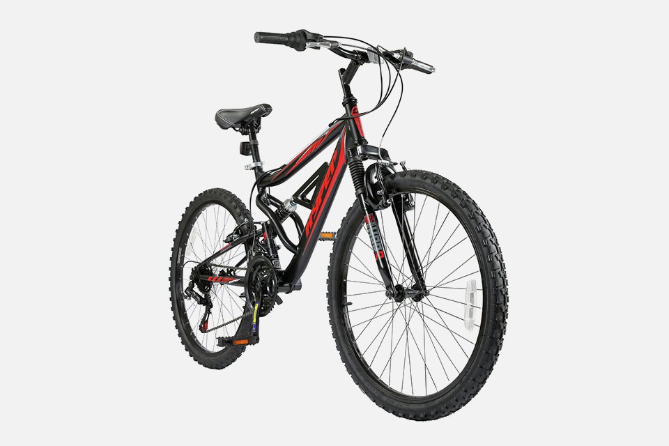 A cut out image of Hyper Shocker 24 inch Wheel Size Kids Mountain Bike in red and black colour.