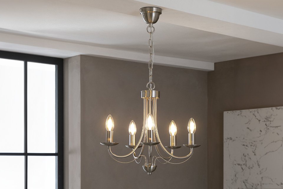 Argos Home Twirl 5 Light Twist Chandelier in brushed chrome finish.