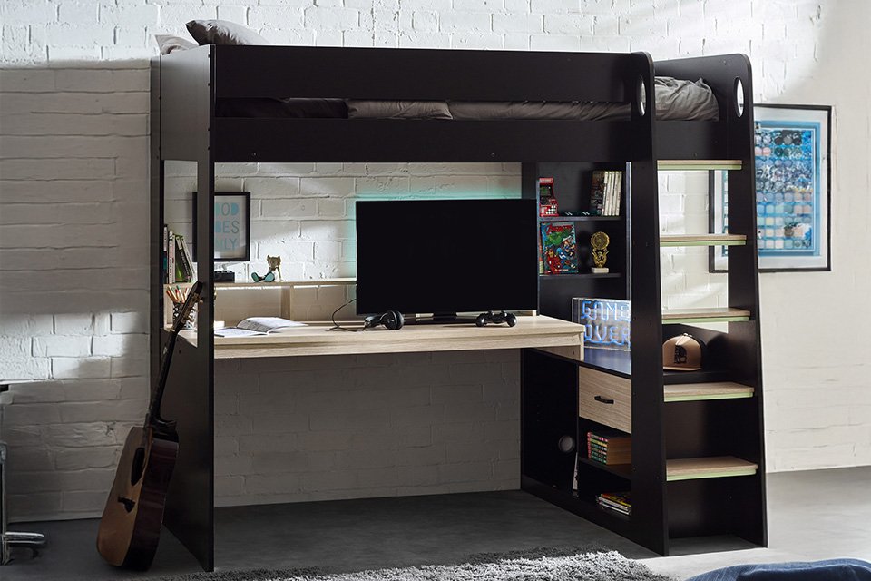 A Julian Bowen Blaze black single gaming highsleeper bed.