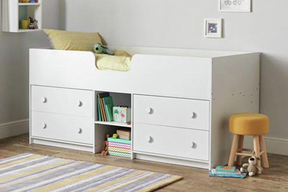 A white Habitat Jackson midsleeper bed frame with mattress in a kids' room.