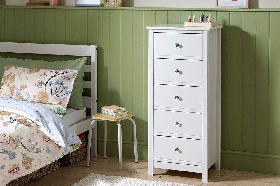 A Habitat Brooklyn tallboy in white in a child's room.