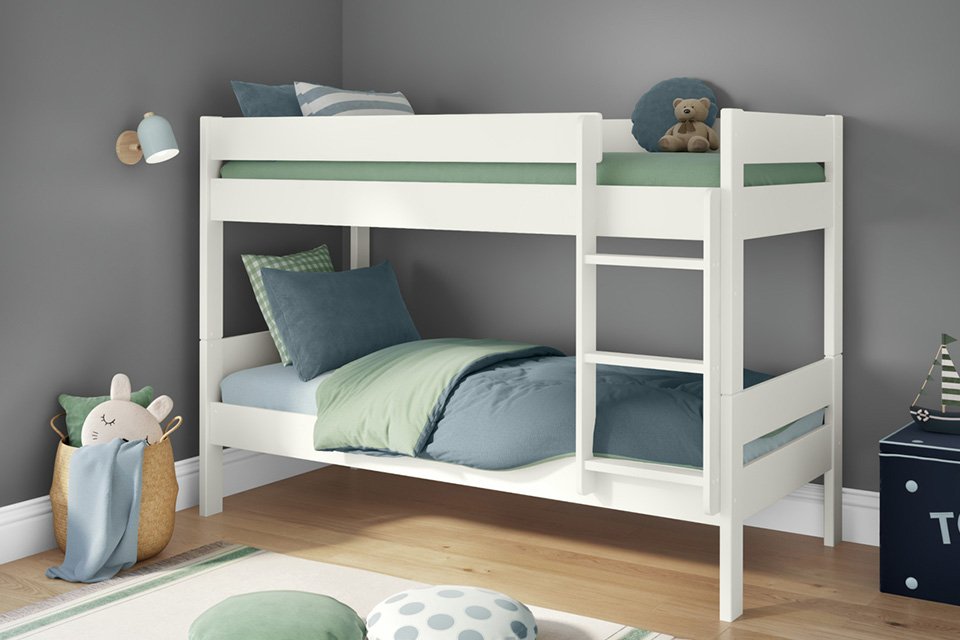 A Stompa compact detachable bunk bed frame with drawers in white.