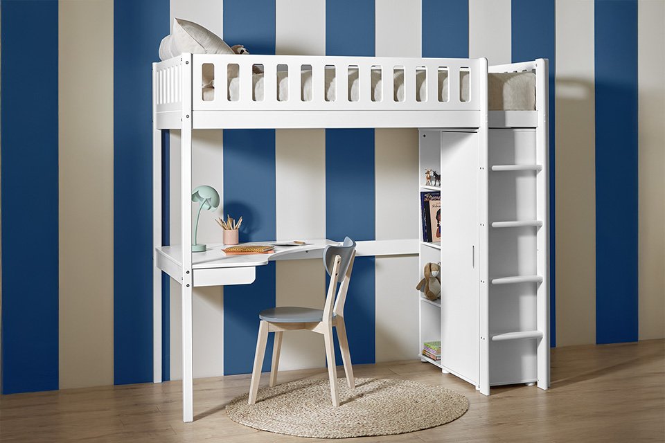 A white Habitat highsleeper and desk set in a kids' room. 