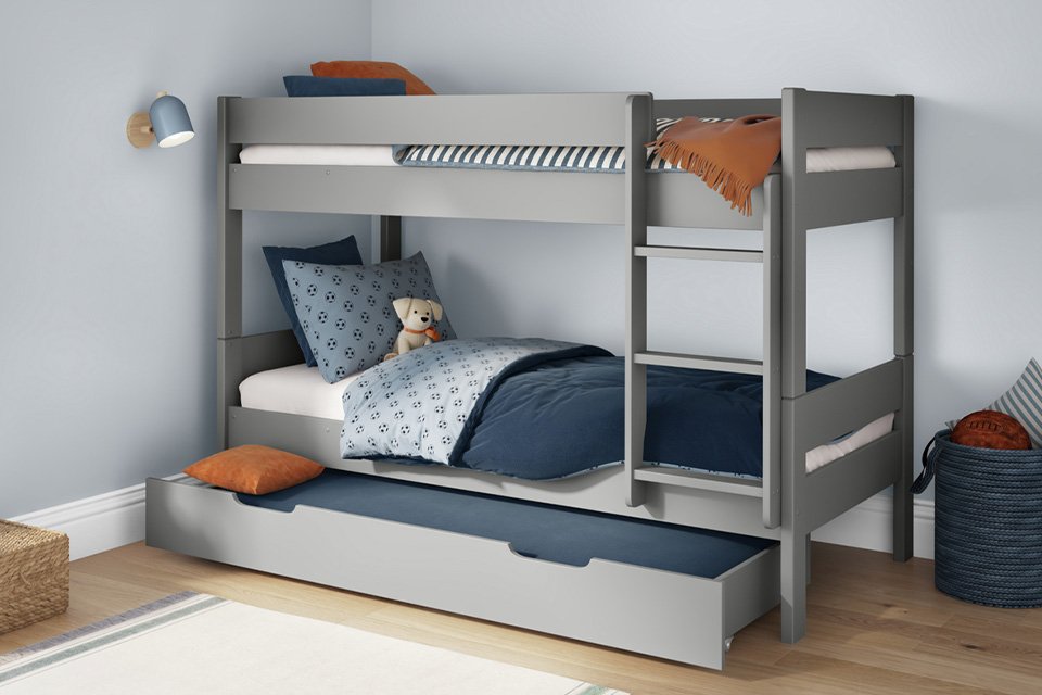 A Stompa compact single detachable bunk bed with open trundle and mattress in grey.