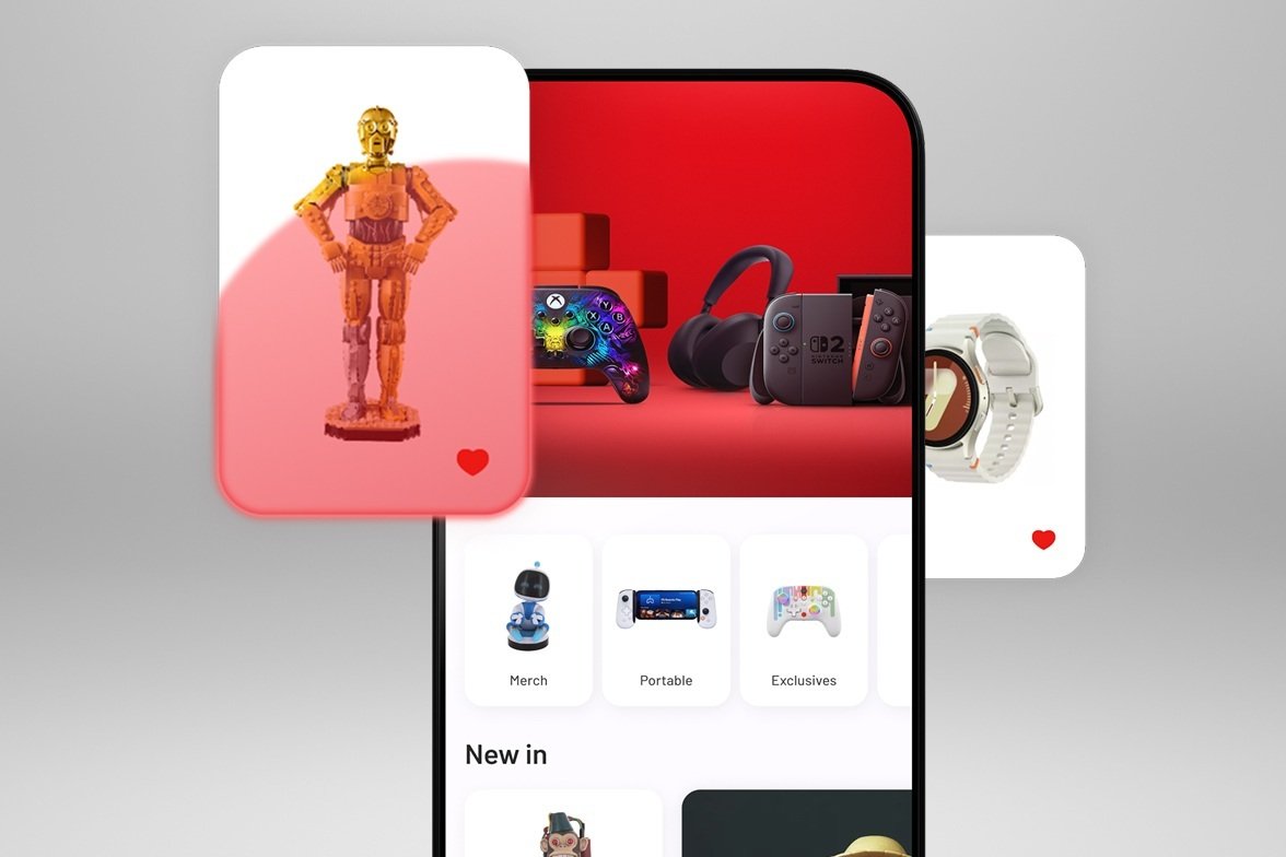 A phone showing the Argos App with products being added to a customers wishlist.
