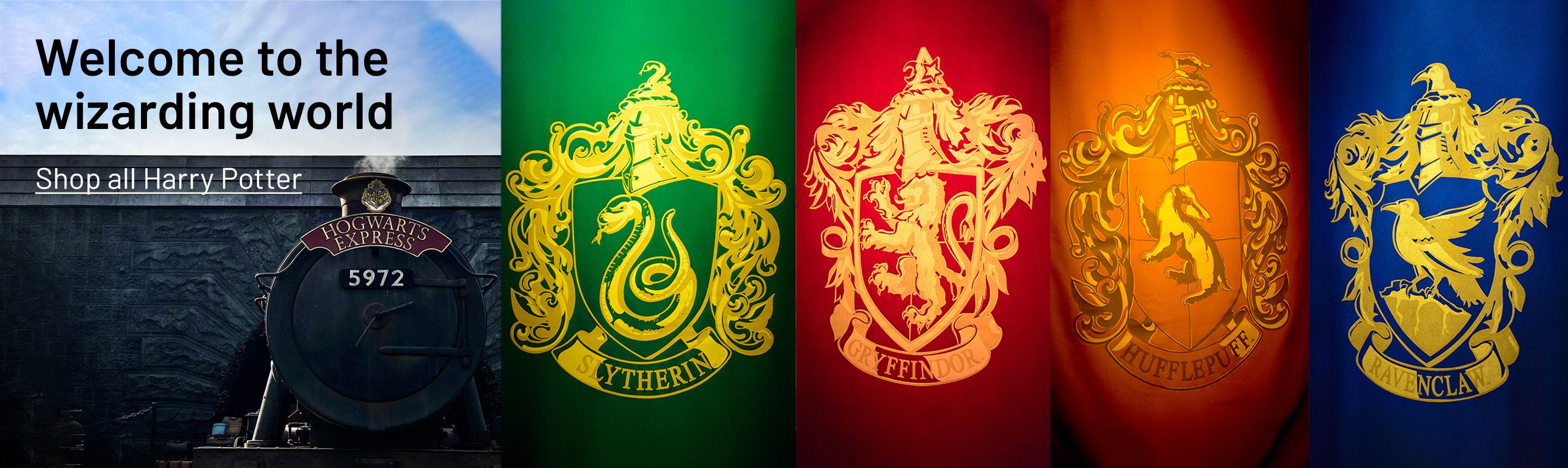 Hogwarts express and house-wise Harry Potter flags - Gryffindor, Slytherin, Hufflepuff, and Ravenclaw.
