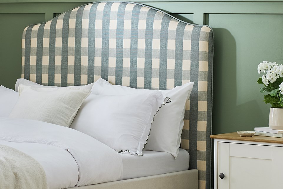 Argos Home Sutton Gingham headboard in blue colour.