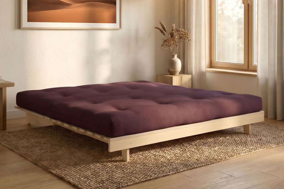A Kyoto Tosa Fabric Futon Sofa Bed - Aubergine.