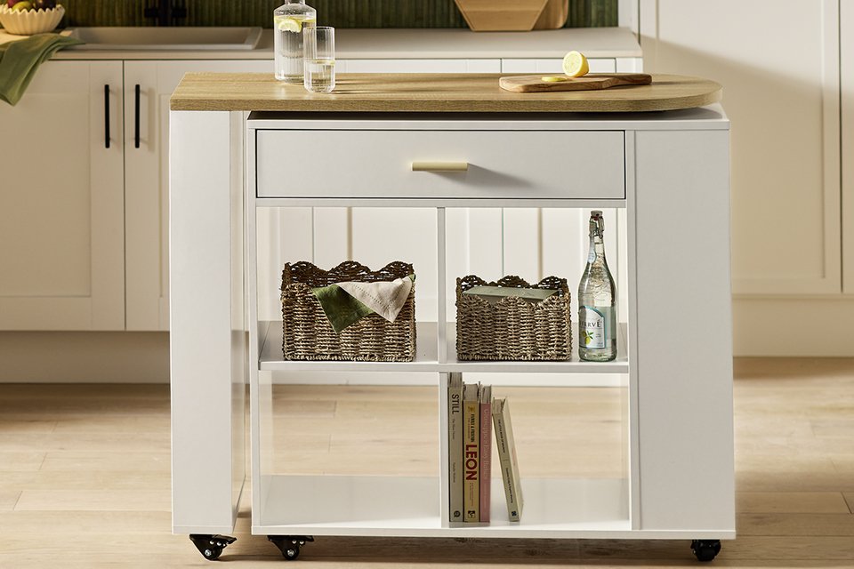 Argos Home Squares Wooden Bar Island in white colour placed in a kitchen.