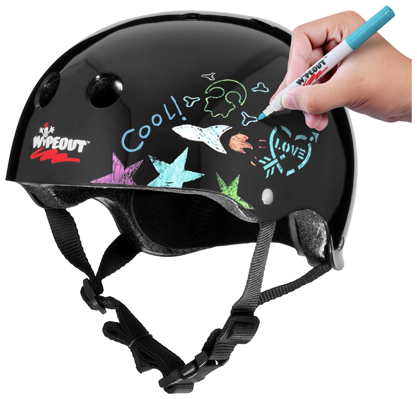 Wipeout Dry Erase 8  Kids Bike Helmet - Black, 52-56cm
