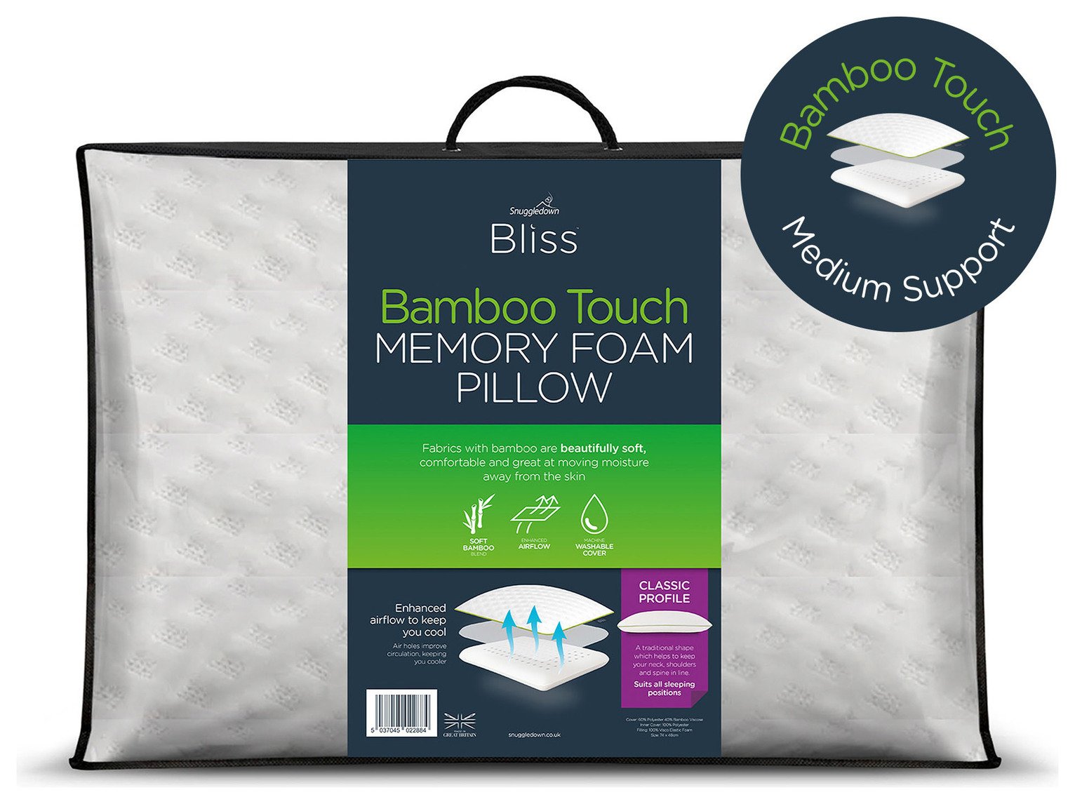 Snuggledown Bliss Bamboo Touch Memory Foam Medium Pillow