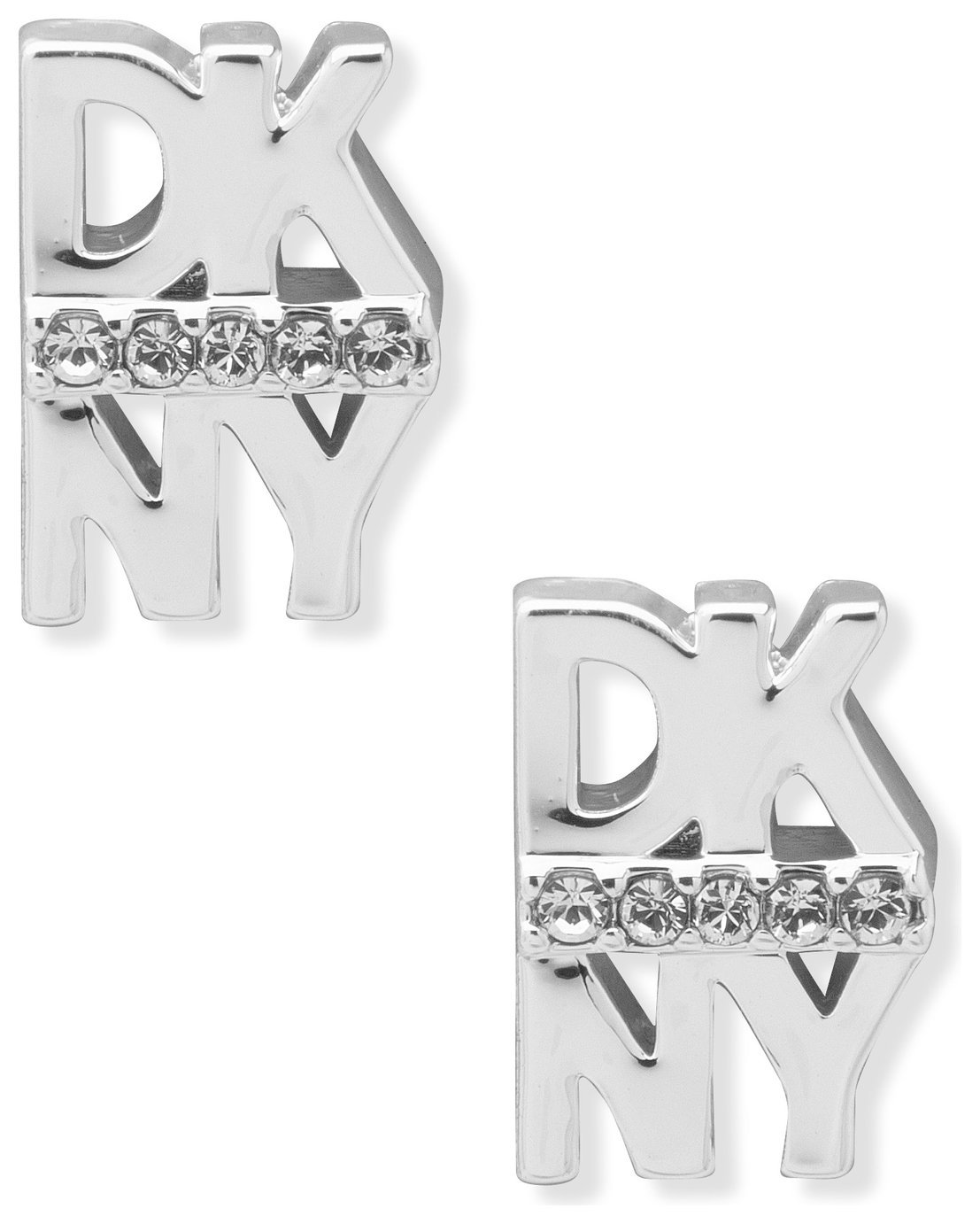DKNY Silver Tone Crystals Pave Logo Stud Earrings